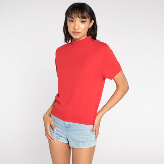 80s Red Mock Neck Knit Top Short Sleeve Vintage Sweater Medium