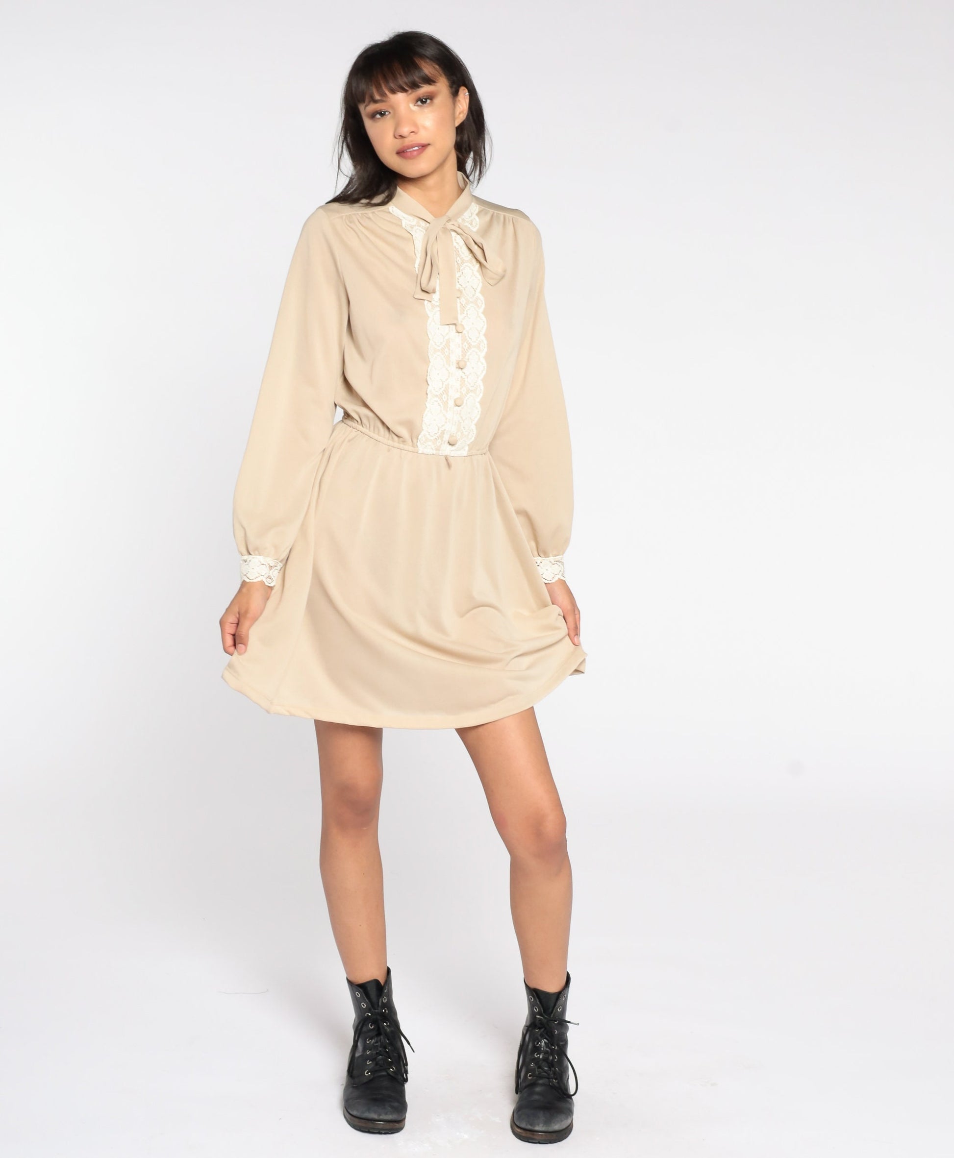 70s Toni Todd Secretary Dress Beige Lace Bow Button-Up Mini Medium