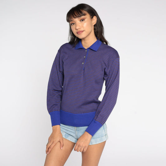 80s Purple Striped Knit Pullover Sweater Collar Buttons Small