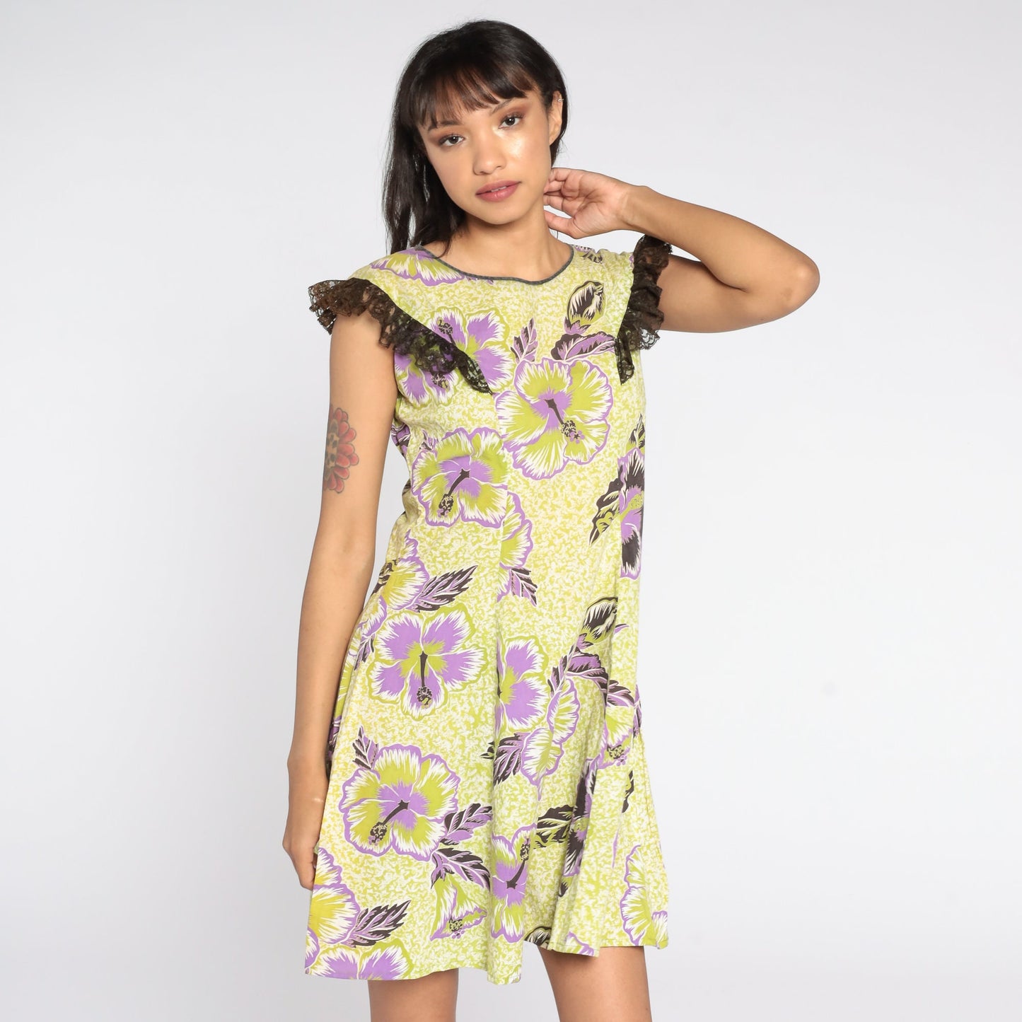 80s Yellow Floral Shift Dress Flutter Sleeve Midi Small