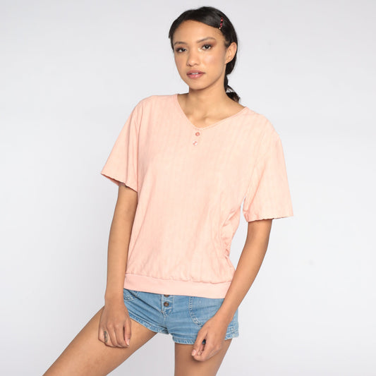 80s Peach Slouchy Shirt Ribbed Banded Hem Short Sleeve Small Medium