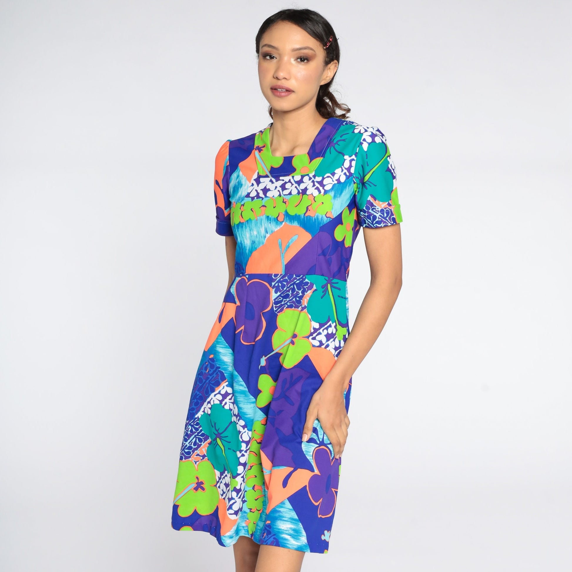 70s Floral Puff Sleeve Mini Dress Purple High Waist Knee Length Small