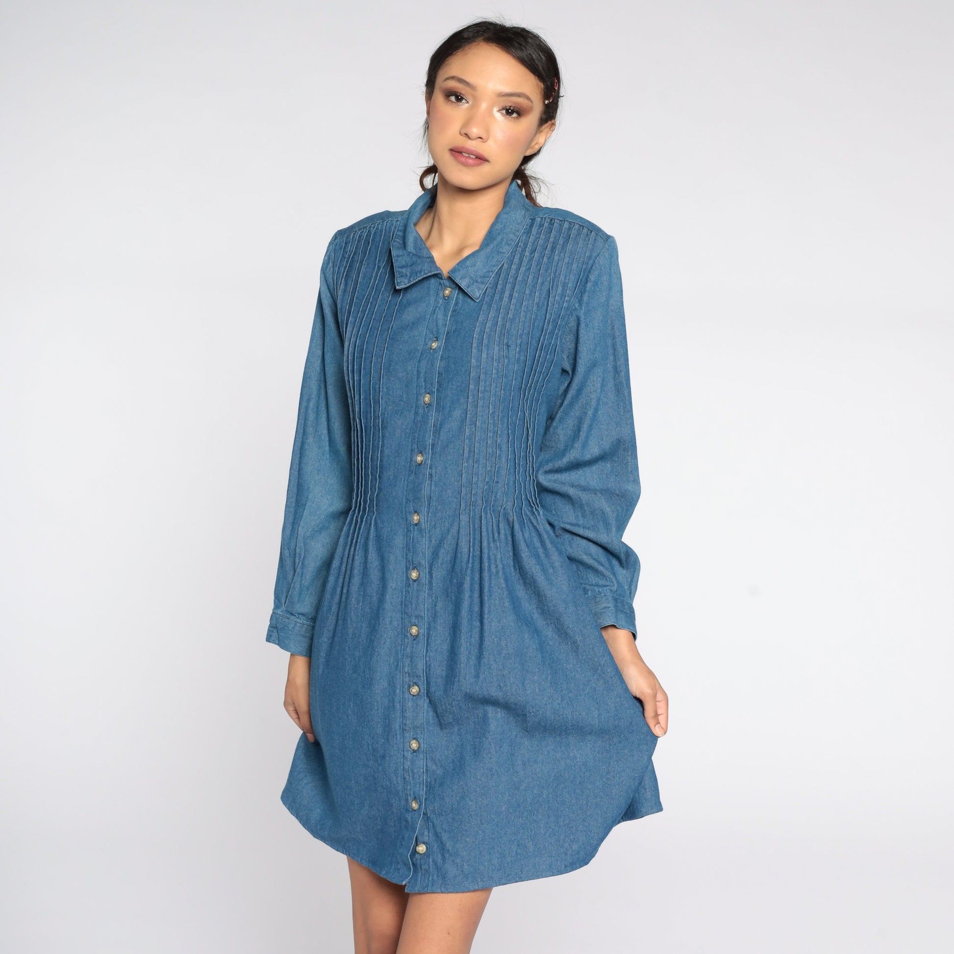 90s Blue Denim Mini Dress High Waisted Button Up Long Sleeve Extra Large XXL