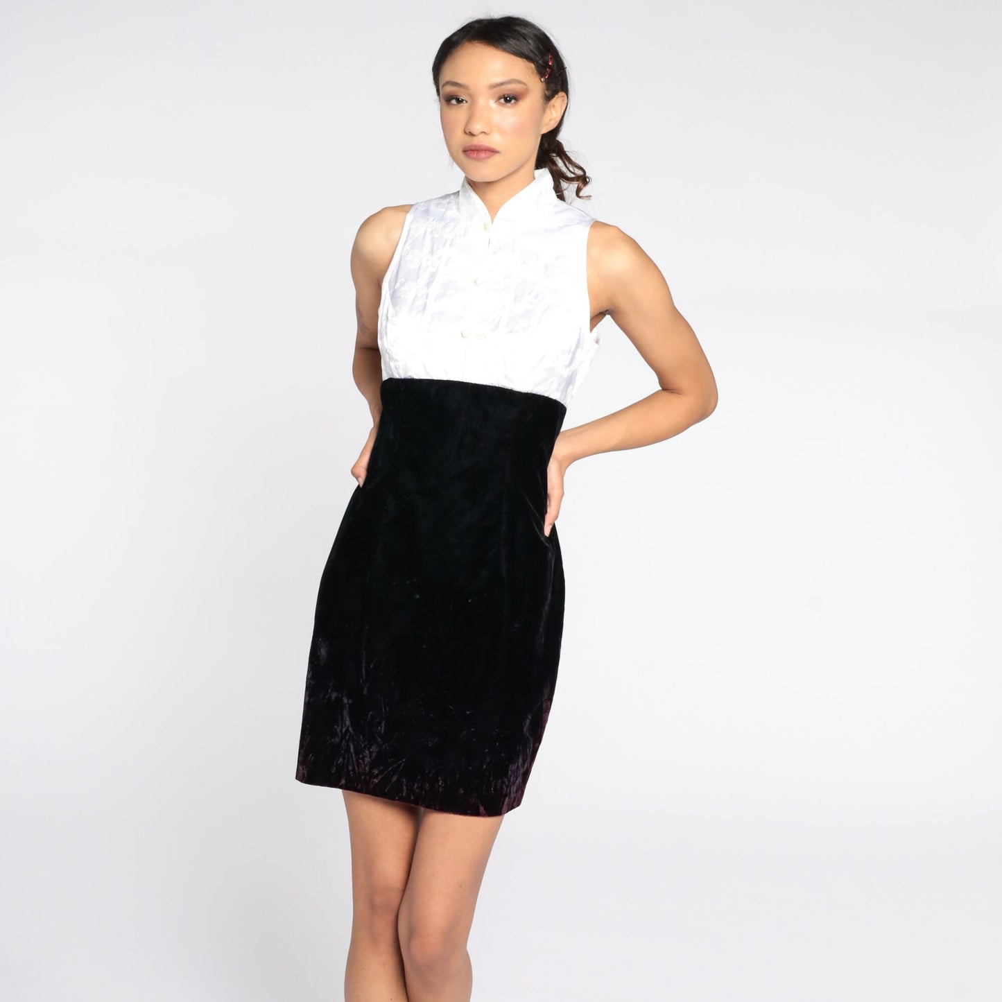 90s Zum Zum Black Velvet Mini Dress White Embroidered Bodice Small