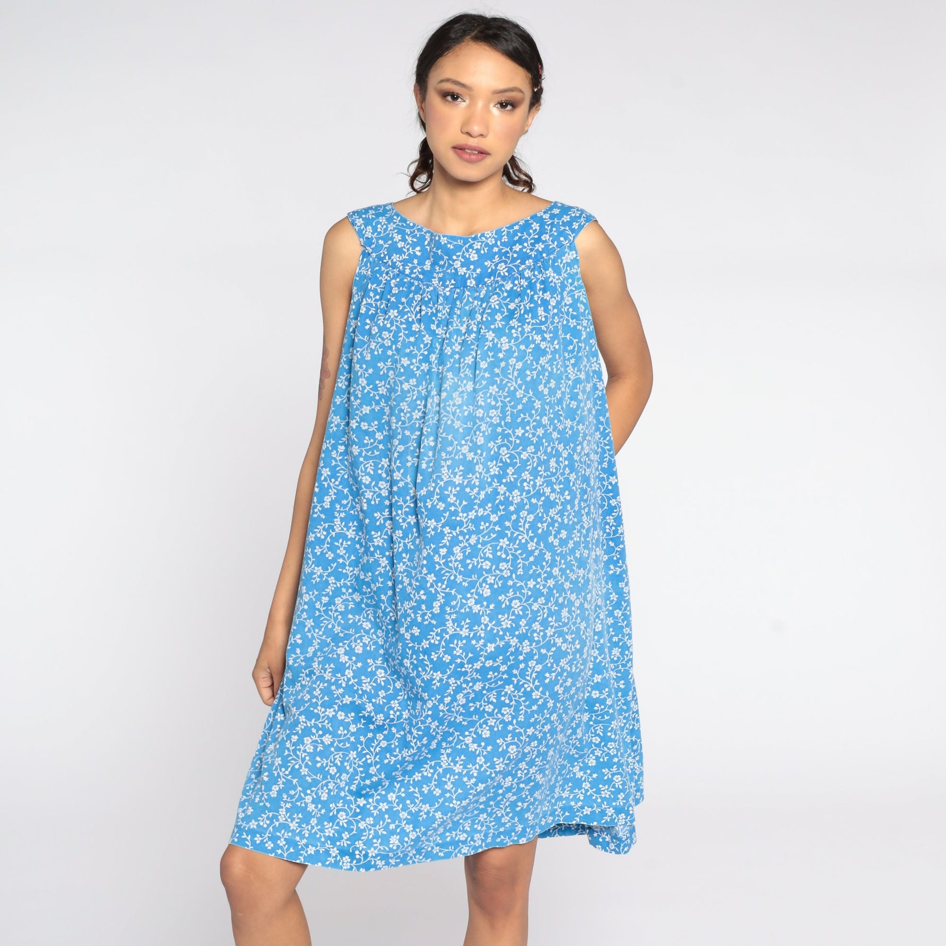 80s Blue Floral Trapeze Dress Sleeveless Knee-Length Large