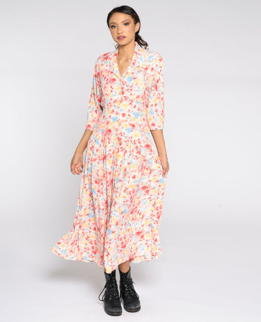80s Floral Midi Shirtdress High Waist Button Front 3/4 Sleeve Small