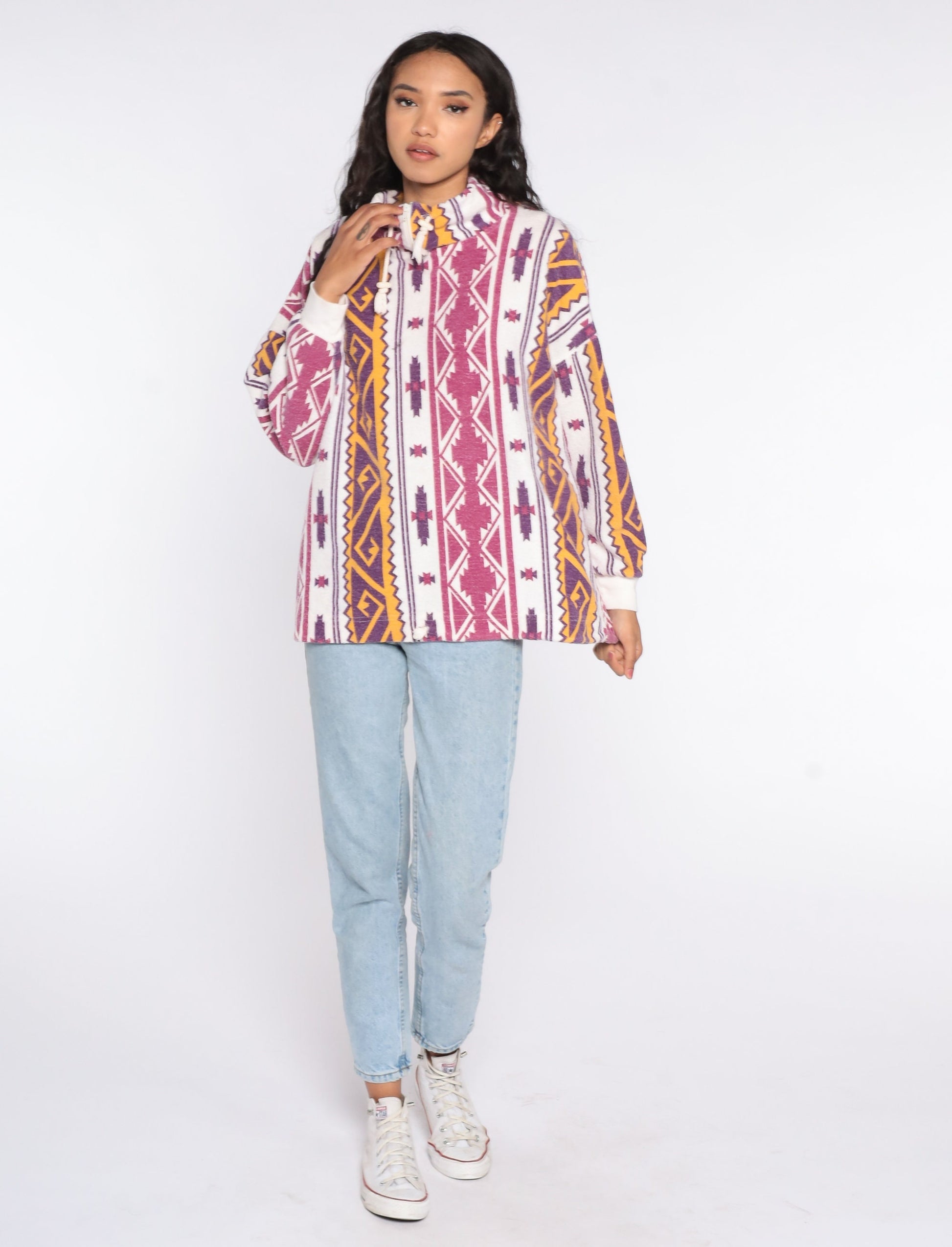 90s Southwestern Mock Neck Drawstring Shirt Aztec Print White Pink Purple Medium