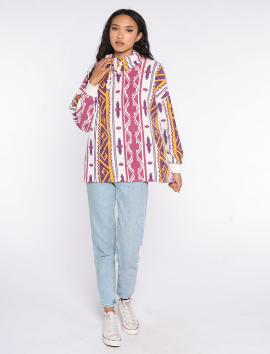 90s Southwestern Mock Neck Drawstring Shirt Aztec Print White Pink Purple Medium