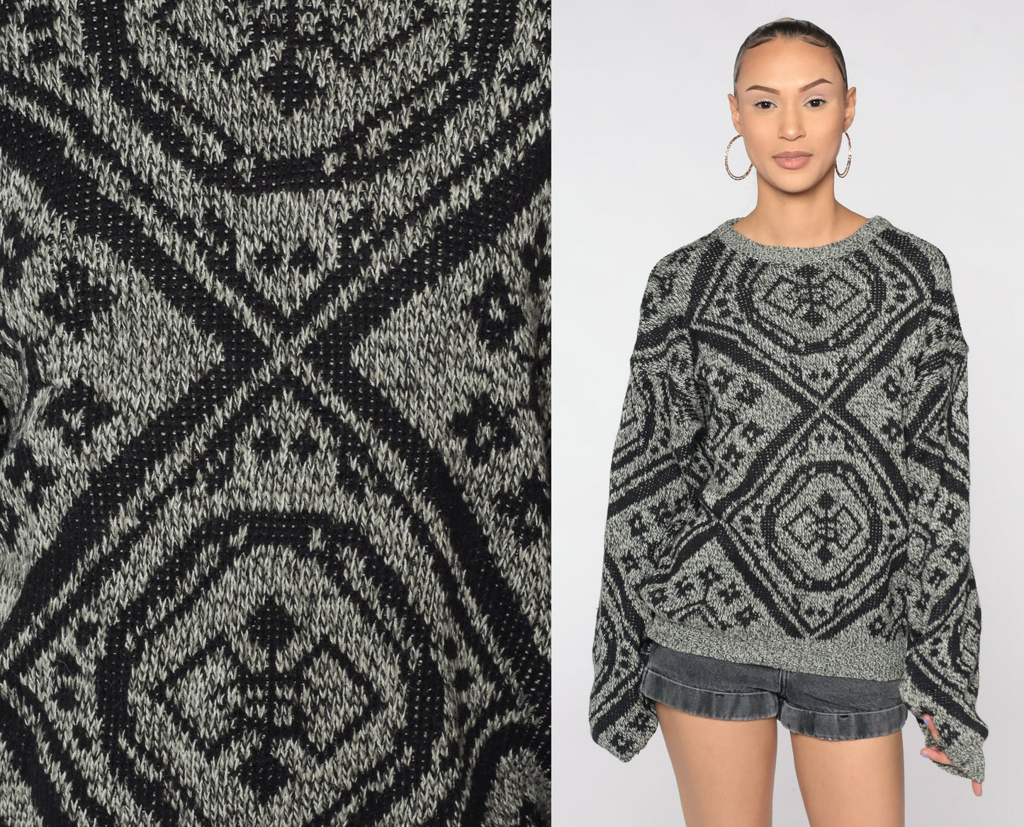 80s Geometric Knit Sweater Grey Jacquard Pullover Men's Medium