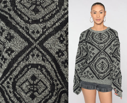 80s Geometric Knit Sweater Grey Jacquard Pullover Men's Medium