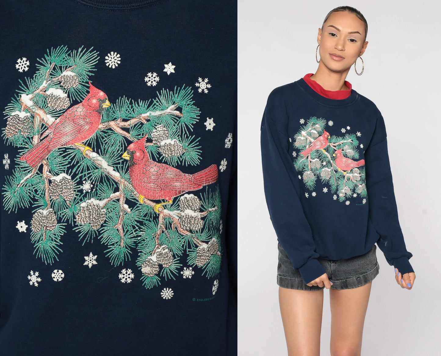 80s Cardinal Bird Graphic Sweatshirt Dark Blue Winter Pullover Large L