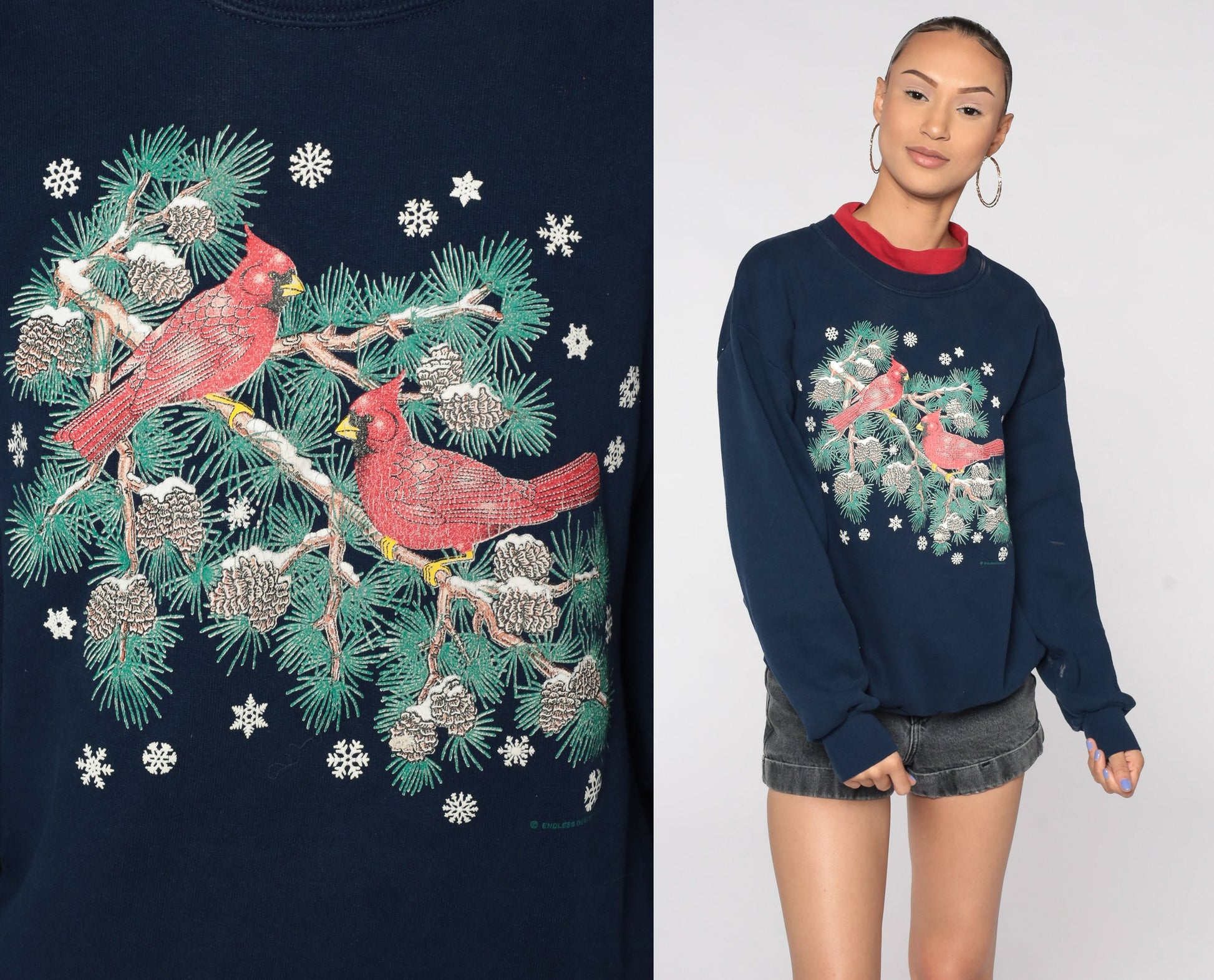 80s Cardinal Bird Graphic Sweatshirt Dark Blue Winter Pullover Large L