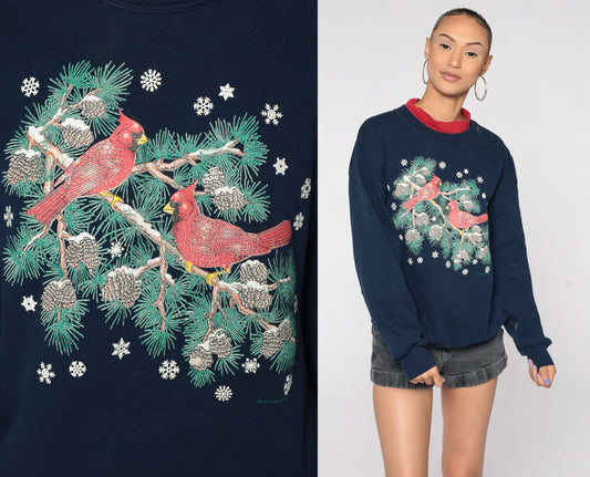 80s Cardinal Bird Graphic Sweatshirt Dark Blue Winter Pullover Large L