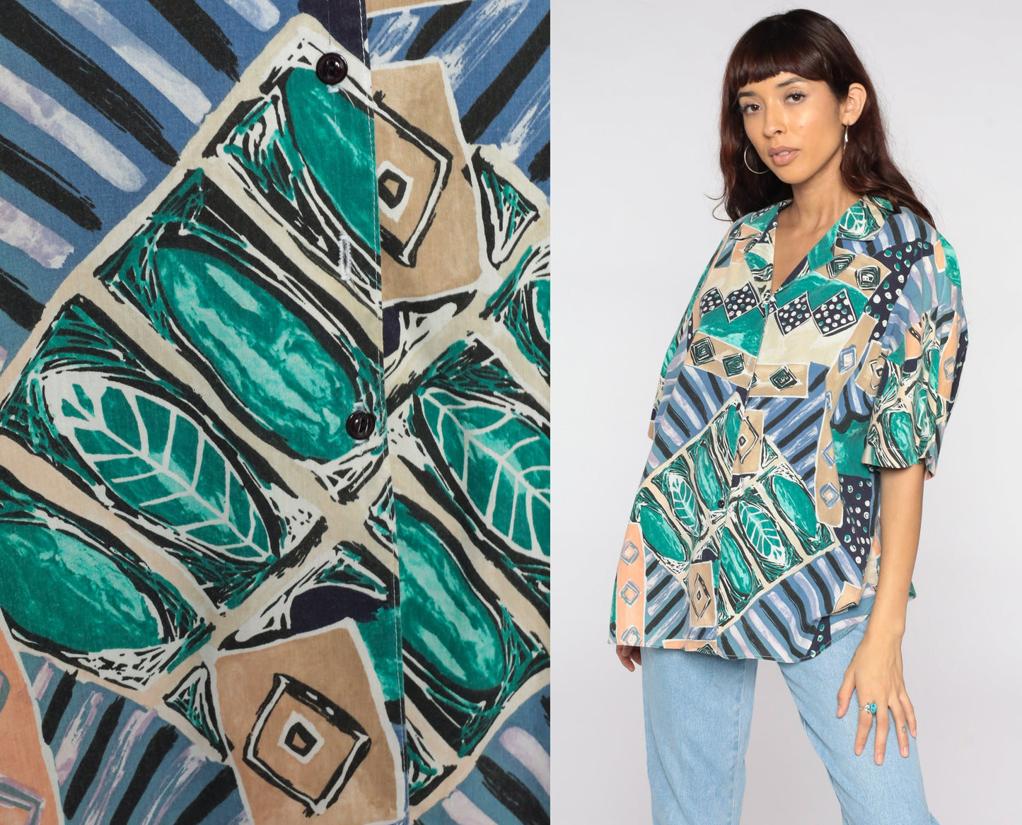 80s Geometric Tropical Button Up Blouse Plus Size Green Blue Short Sleeve Extra Extra Large XXL