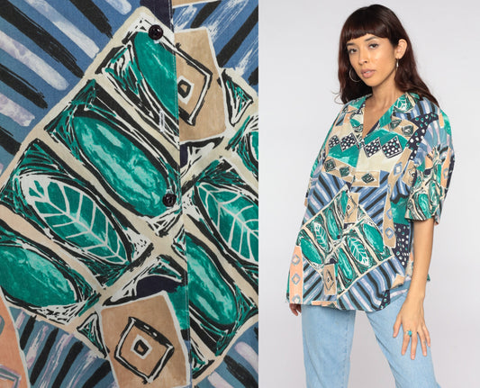 80s Geometric Tropical Button Up Blouse Plus Size Green Blue Short Sleeve Extra Extra Large XXL
