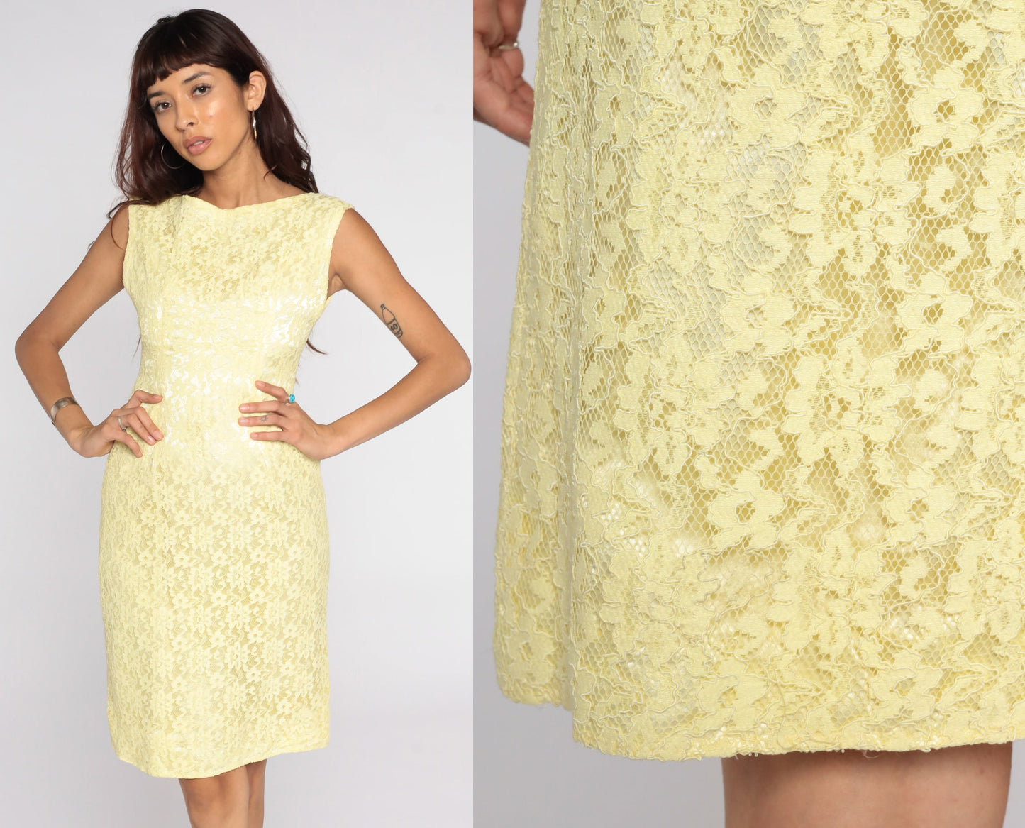 60s Yellow Lace Shift Cocktail Dress Mini Sleeveless Extra Small