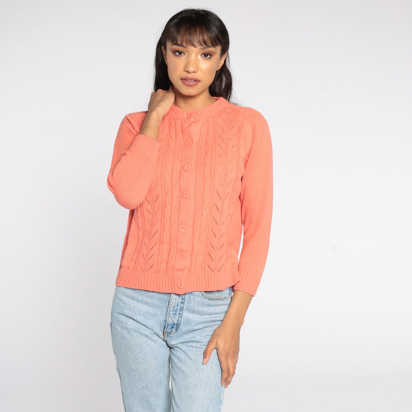 70s Salmon Pink Cable Knit Cardigan Button Up Sweater Small