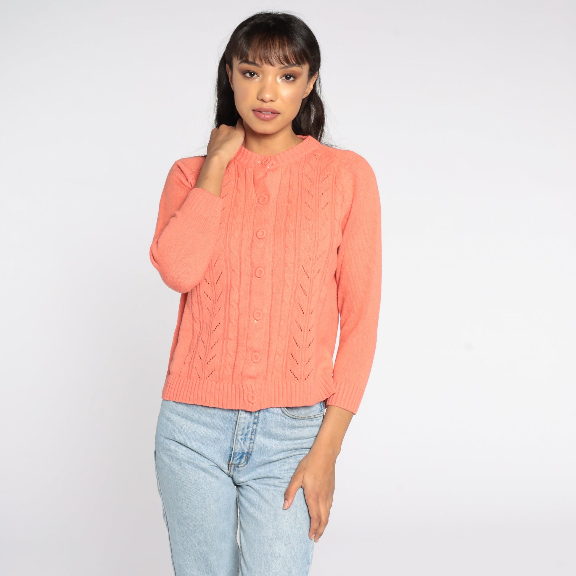 70s Salmon Pink Cable Knit Cardigan Button Up Sweater Small