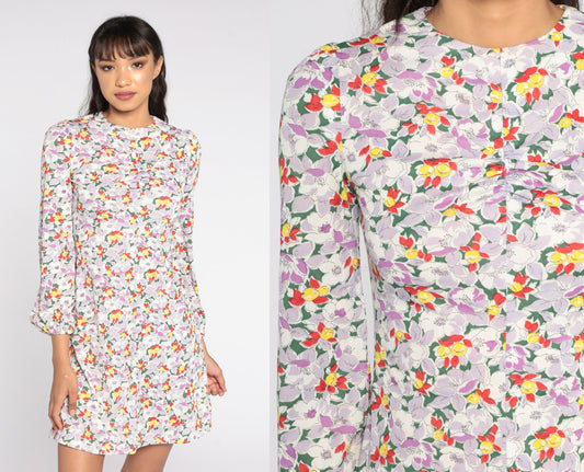 70s Floral Puff Sleeve Mini Shift Dress Multicolor Extra Small