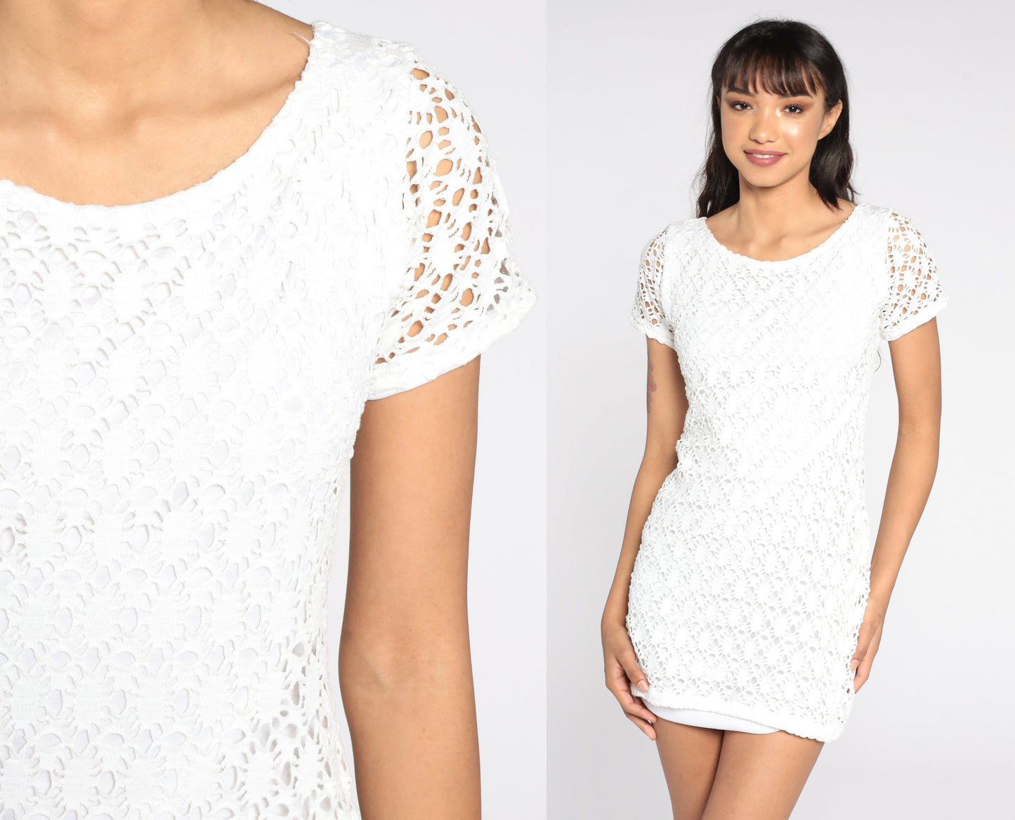 90s White Crochet Cutwork Mini Dress Cotton Blend Small S