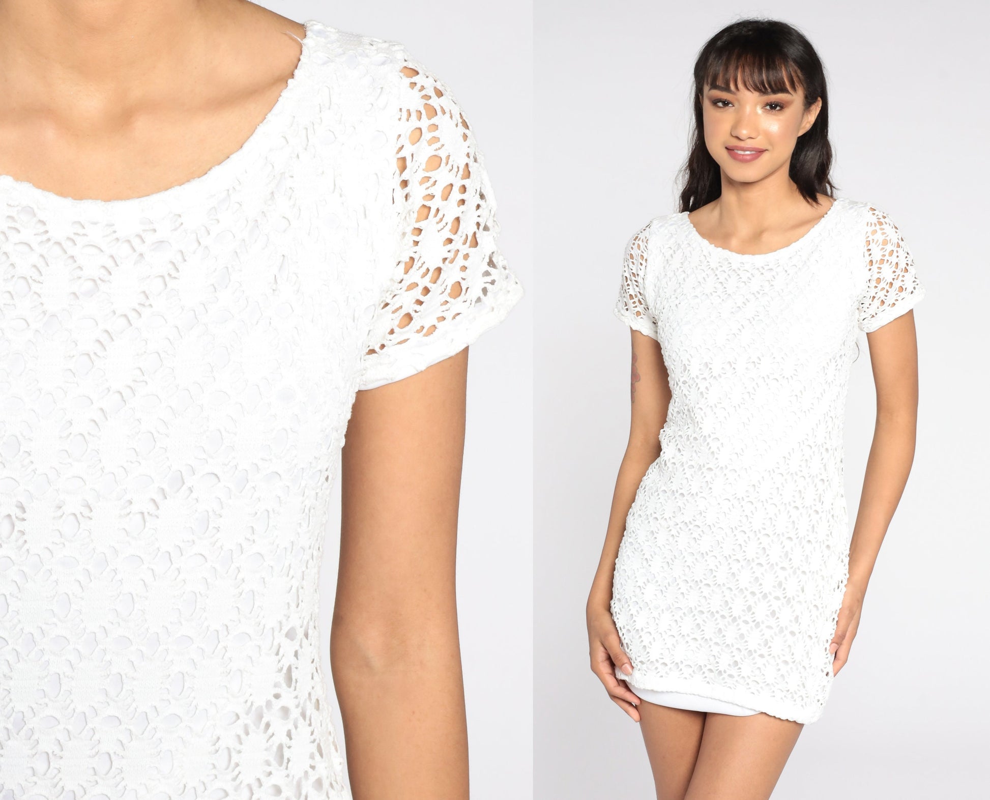 90s White Crochet Cutwork Mini Dress Cotton Blend Small S