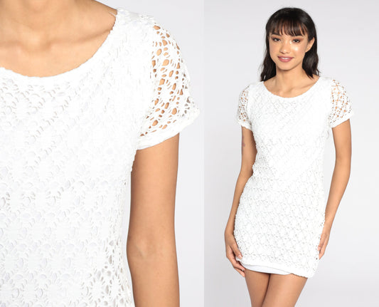 90s White Crochet Cutwork Mini Dress Cotton Blend Small S