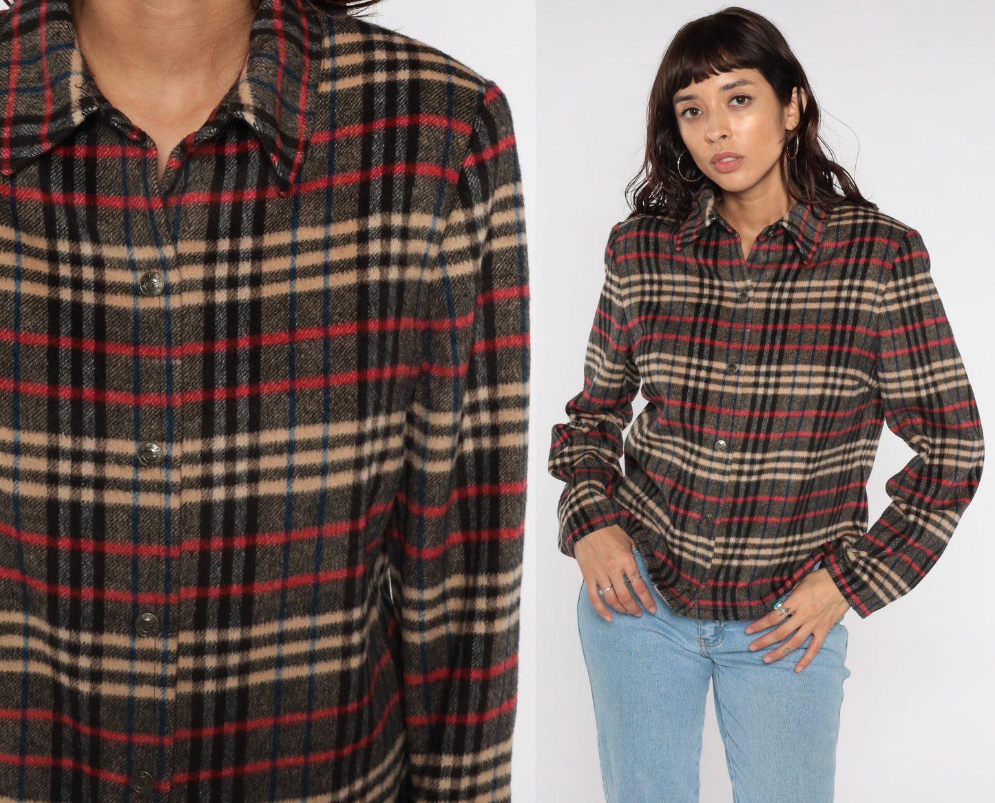 90s Evan Picone Plaid Wool Jacket Red Grey Button Up Medium
