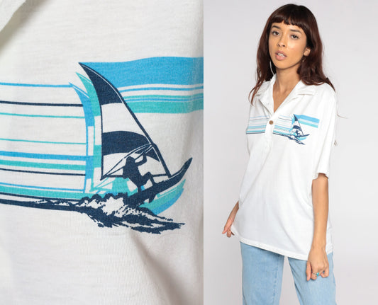 80s Windsurfing Polo Shirt Button Up Tropical Print White Medium Large