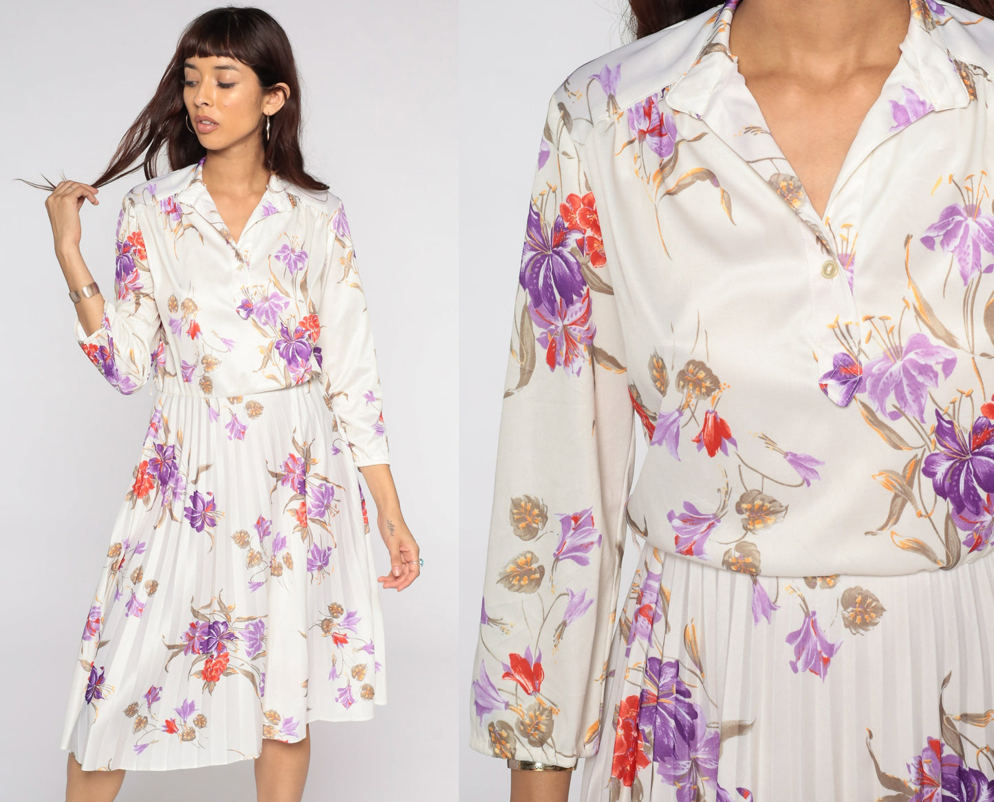70s Cream Floral Midi Dress High Waist Pleated Button Up Long Sleeve Small Medium