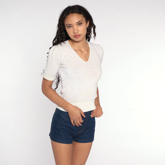 80s White Knit Puff Sleeve Top Cotton Short Sleeve Sweater XXS