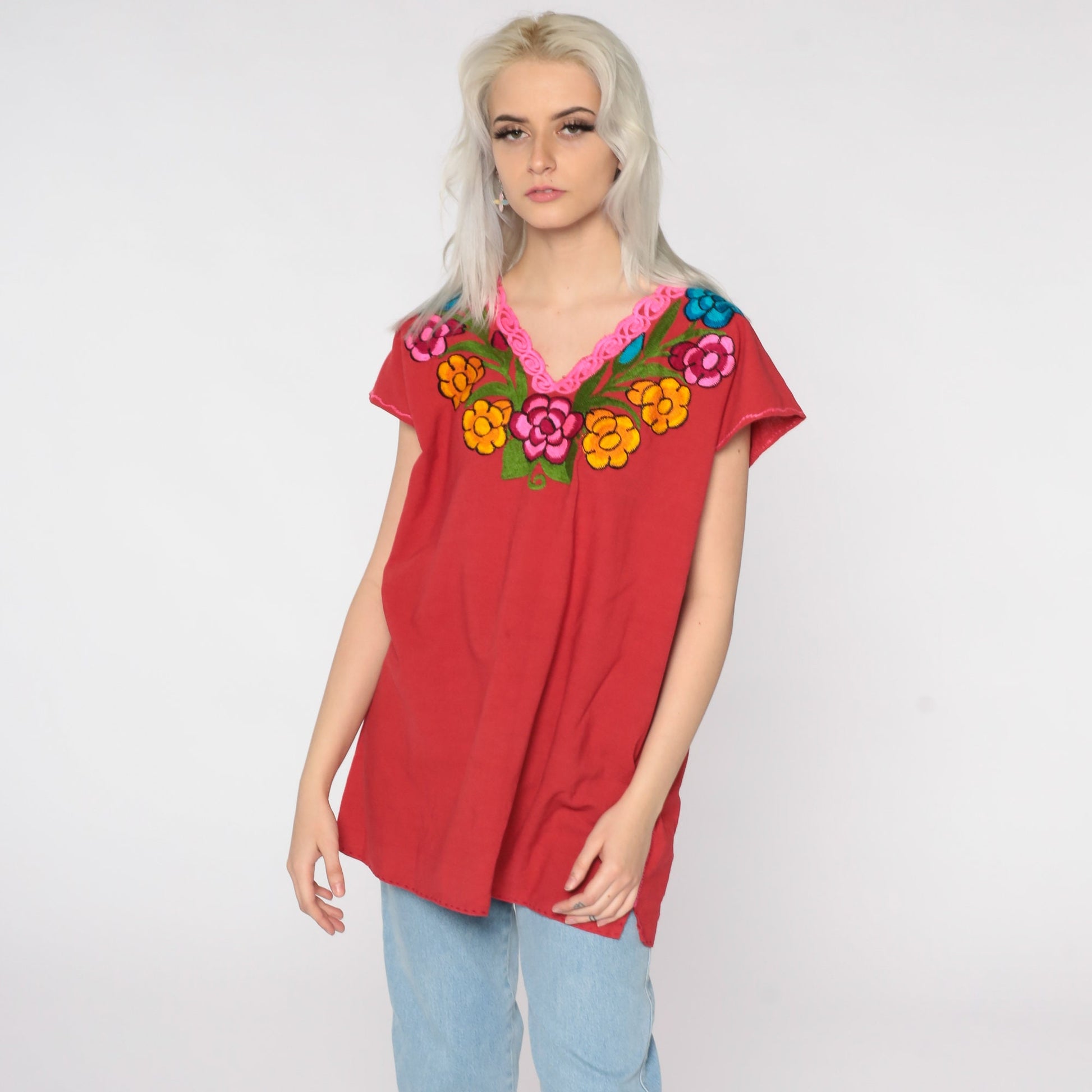 80s Red Embroidered Mexican Cotton Tunic Blouse Floral Short Sleeve Large