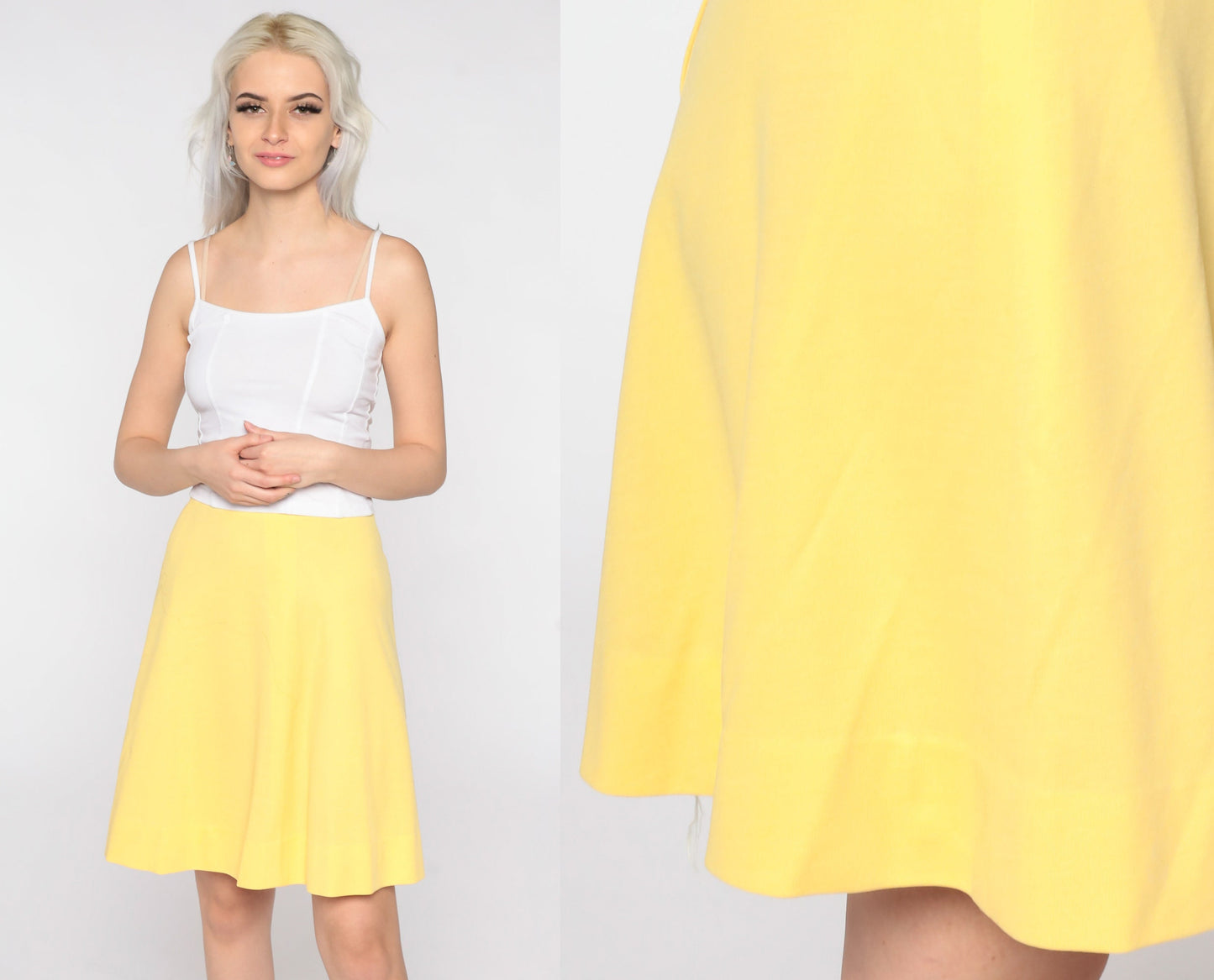 70s Yellow A-Line Mini Skirt High Waisted Rear Zip Extra Small