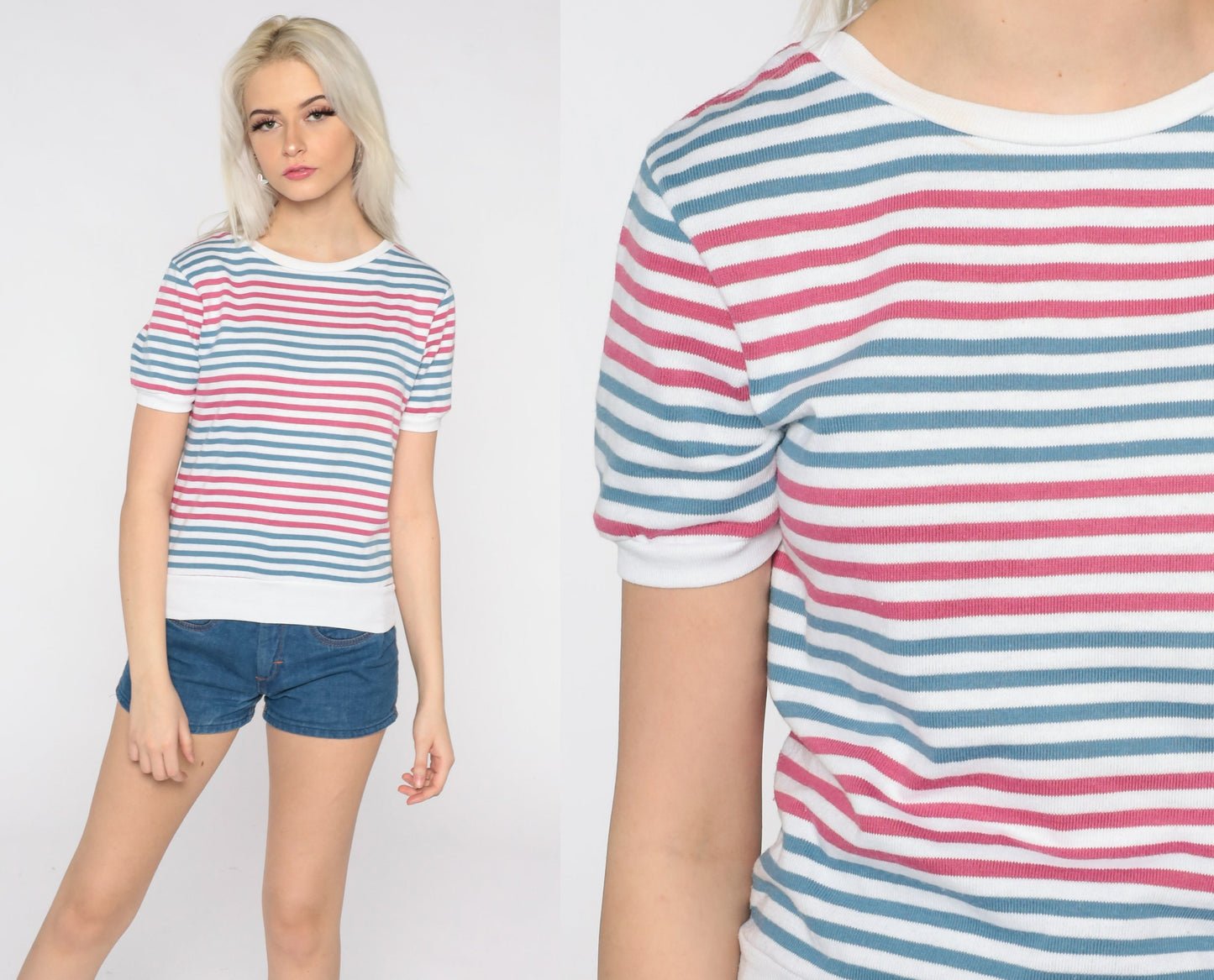 80s Striped Ringer Tee Pink Blue White Cotton Shirt Small S