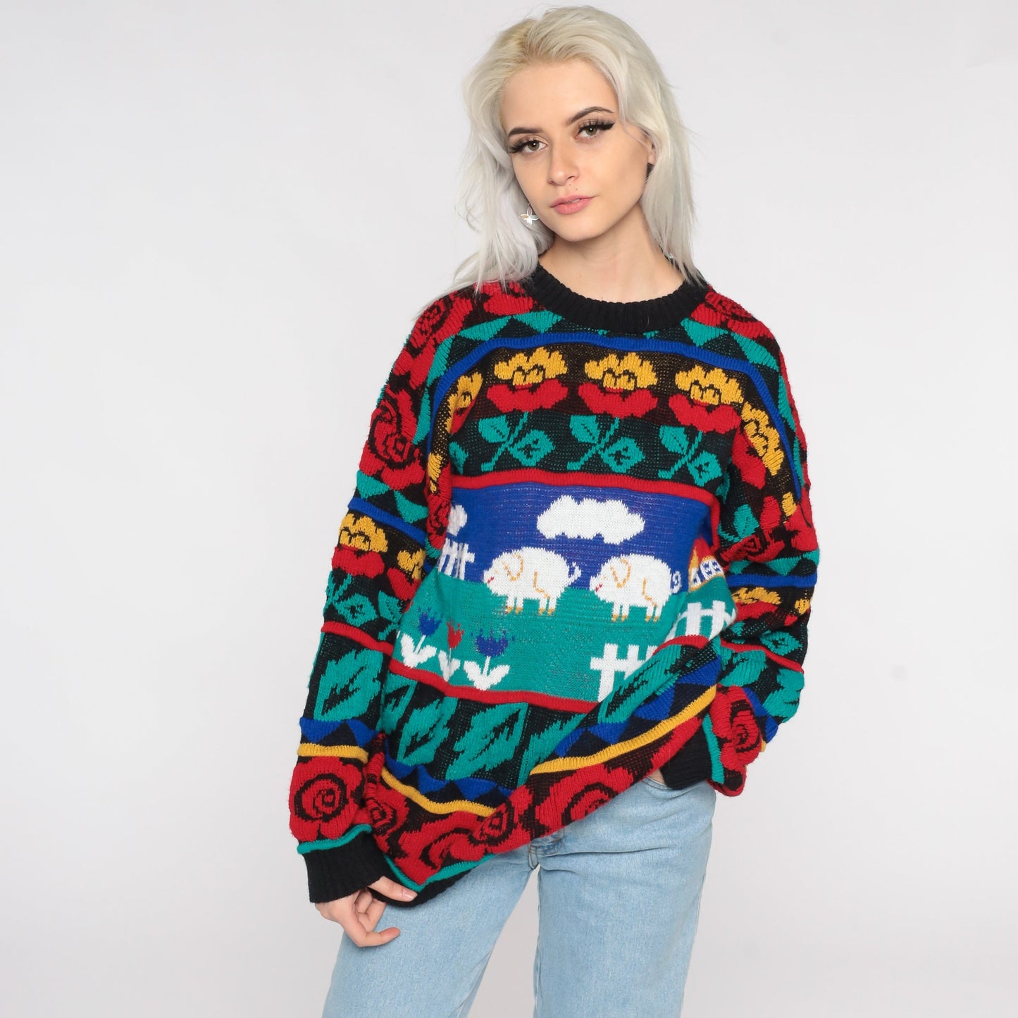 80s Pig Print Sweater Novelty Farm Animal Knit Pullover Rose Large L
