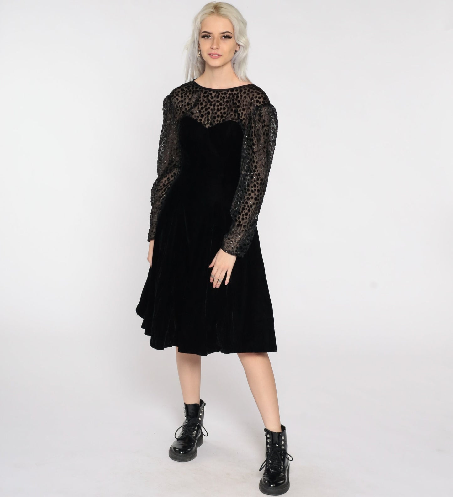 80s Black Velvet Party Dress Illusion Neckline Midi Long Sleeve Small 4