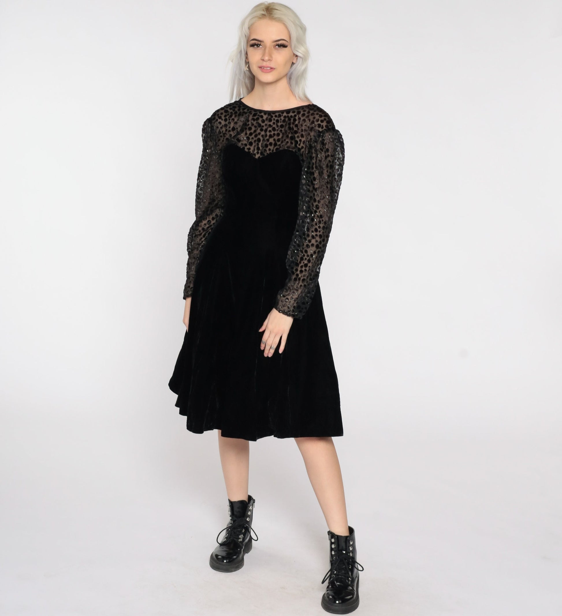 80s Black Velvet Party Dress Illusion Neckline Midi Long Sleeve Small 4