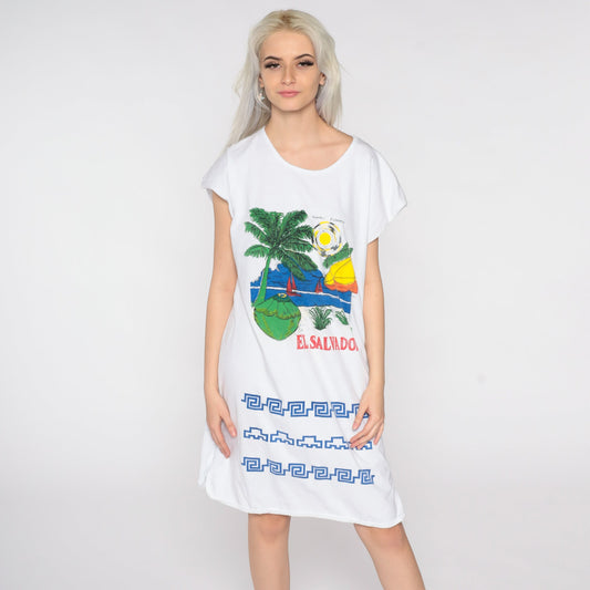 80s El Salvador Tropical Palm Tree Graphic T-Shirt Dress Cotton Medium Large