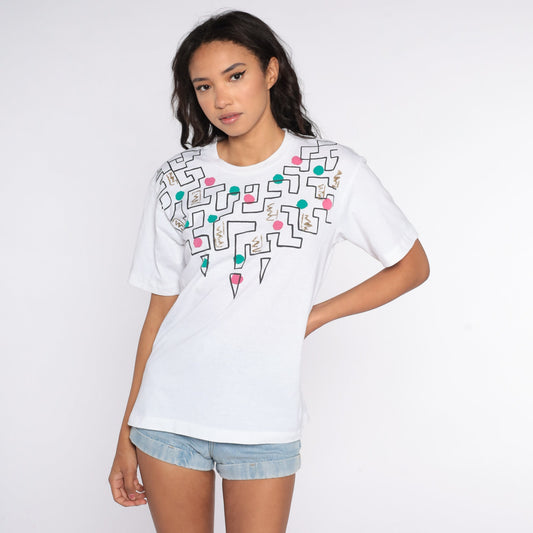 90s Geometric Glitter T-Shirt White Gold Paint Graphic Tee Medium