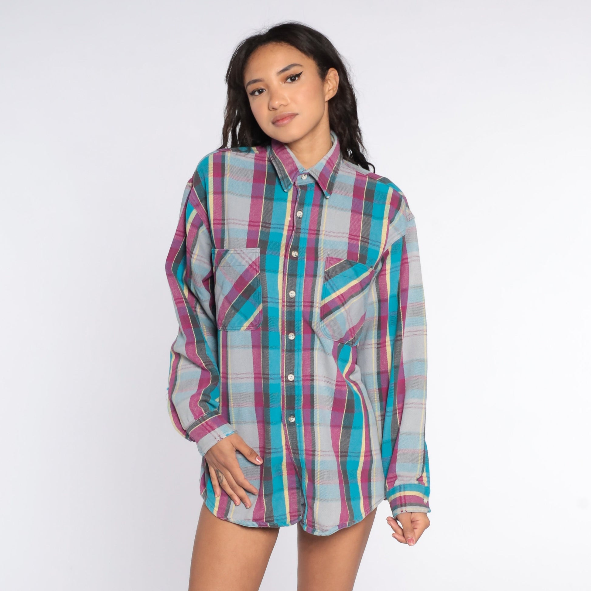 90s Blue Plaid Flannel Shirt Cotton Button-Up Long Sleeve Extra Large