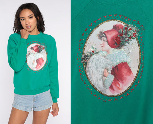 80s Christmas Sweater Woman Raglan Glitter Green Knit Extra Small XS