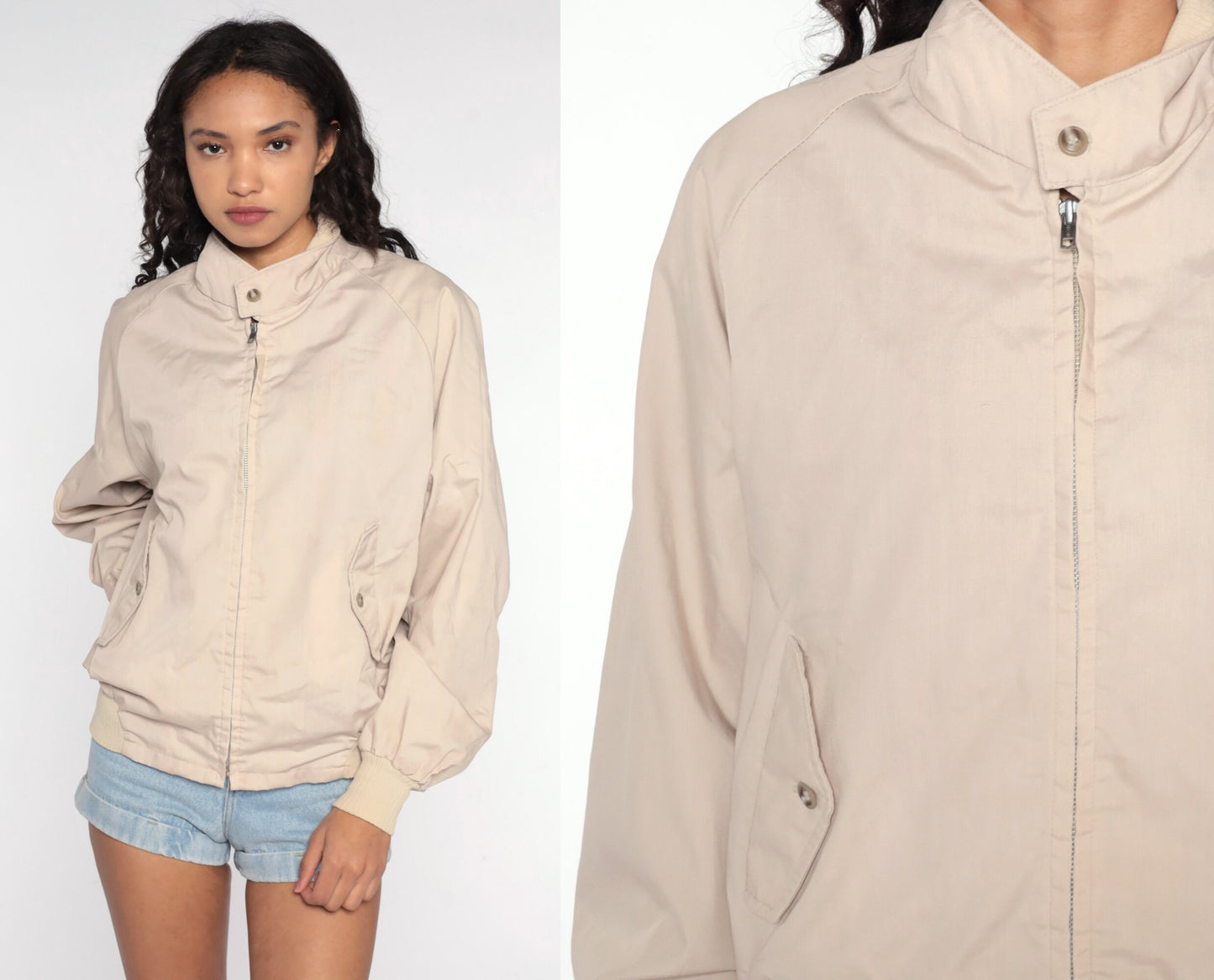 80s Beige Windbreaker Jacket Raglan Sleeve Zip Up Medium