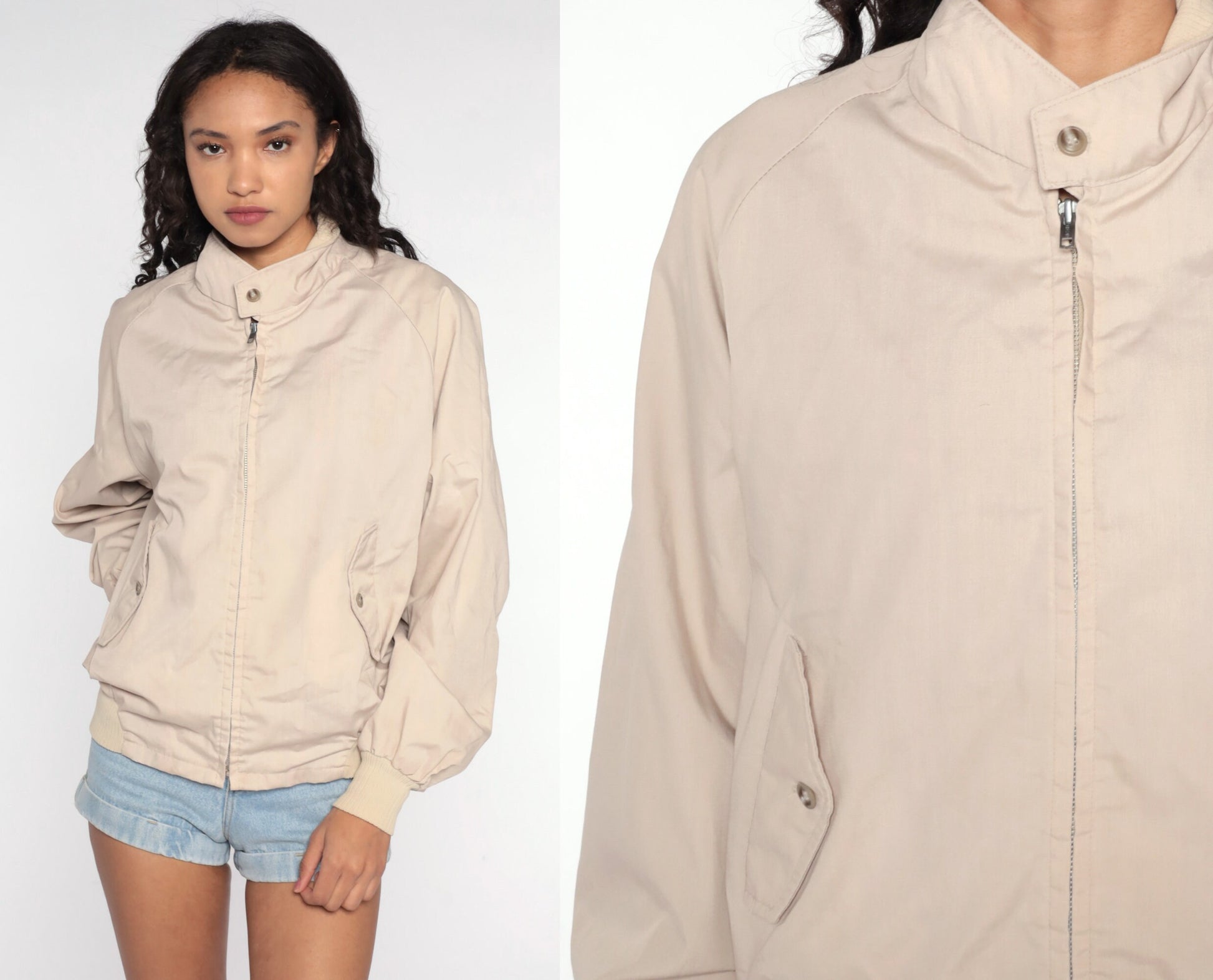 80s Beige Windbreaker Jacket Raglan Sleeve Zip Up Medium