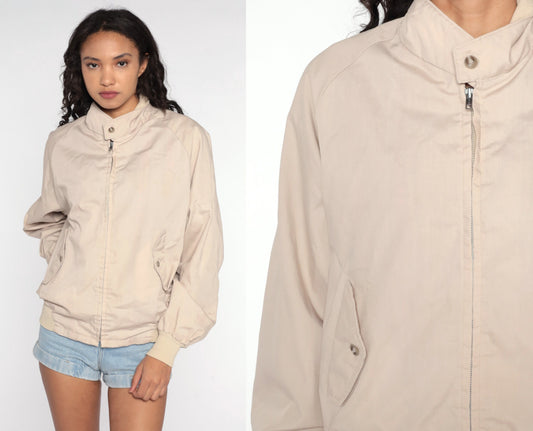 80s Beige Windbreaker Jacket Raglan Sleeve Zip Up Medium