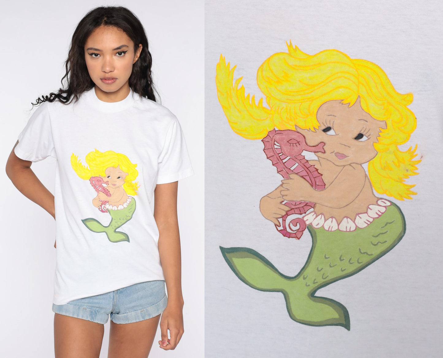 80s Screen Stars Mermaid Graphic T-Shirt Cotton Single Stitch Small