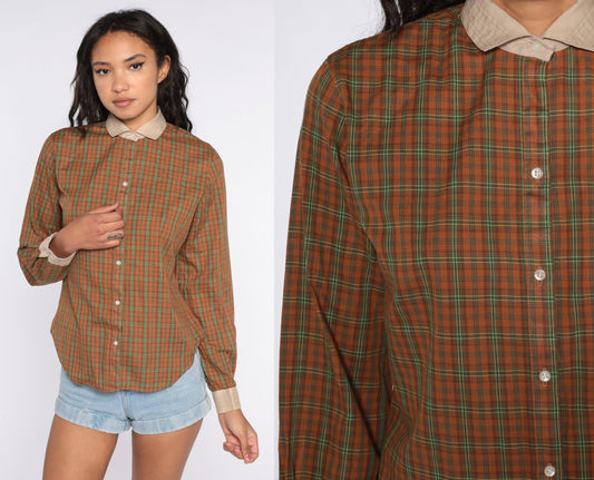 80s Brown Plaid Button-Up Blouse Long Sleeve Chest Pocket Medium