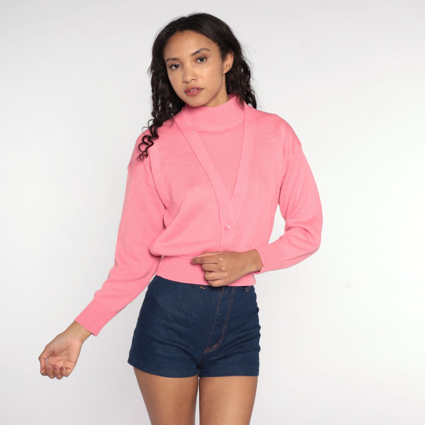 80s Pink Mock Neck Sweater Knit Pullover Small Medium