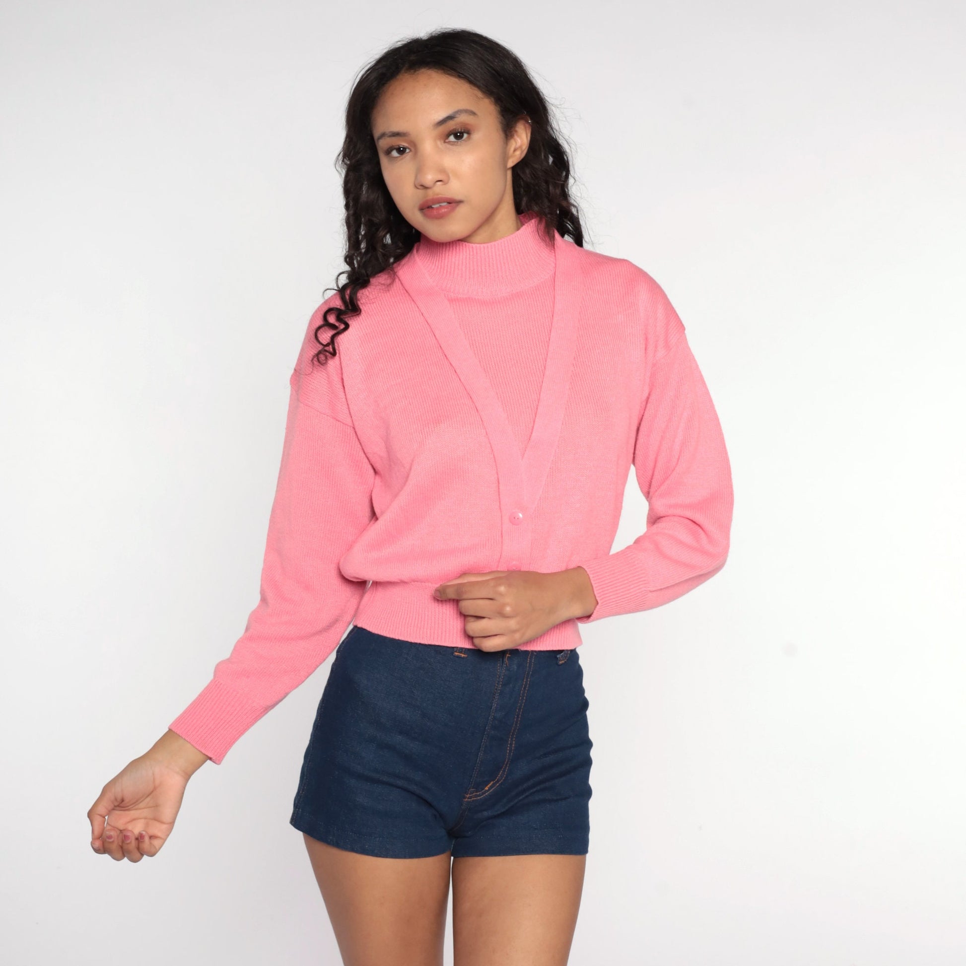 80s Pink Mock Neck Sweater Knit Pullover Small Medium
