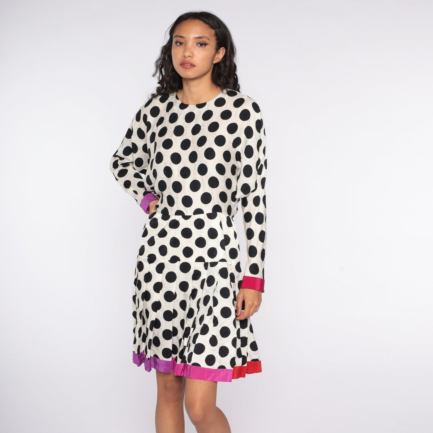 90s Polka Dot Silk Midi Dress Dolman Sleeve Pleated Black White Small