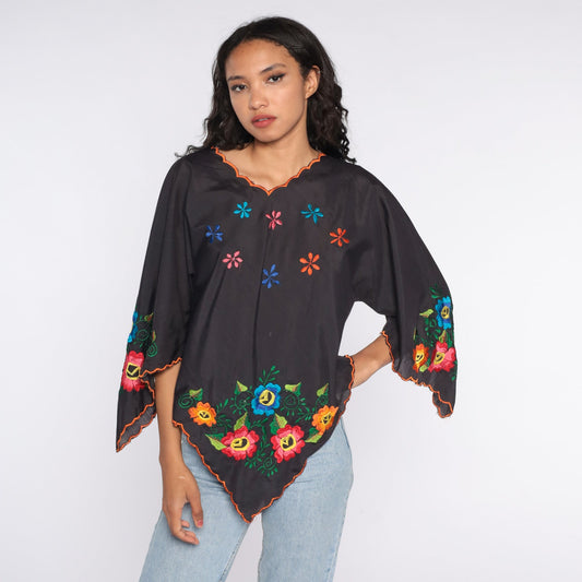 90s Black Floral Embroidered Bell Sleeve Tunic Top Small Medium