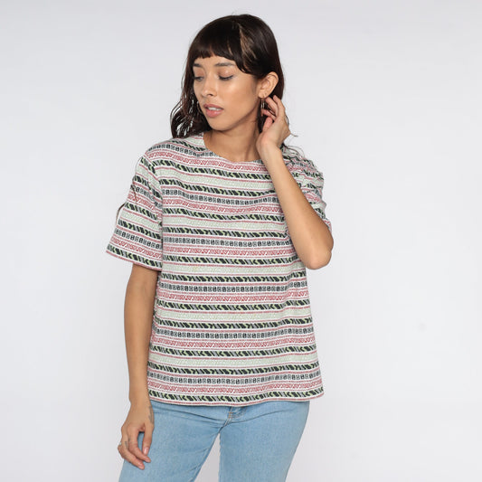 90s Cabin Creek Geometric Striped T-Shirt Grey Cotton Medium